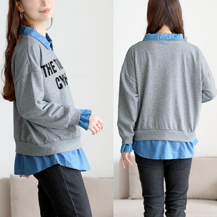 大きいサイズ レディース デニムレイヤード風英字ロゴスウェット　goldy-1766