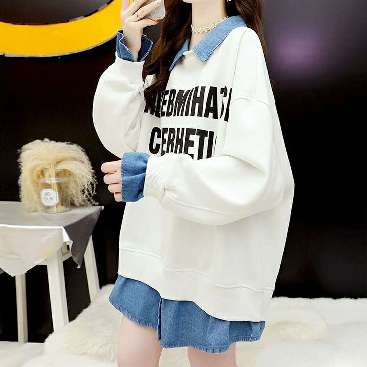 大きいサイズ レディース デニムレイヤード風英字ロゴスウェット　goldy-1766