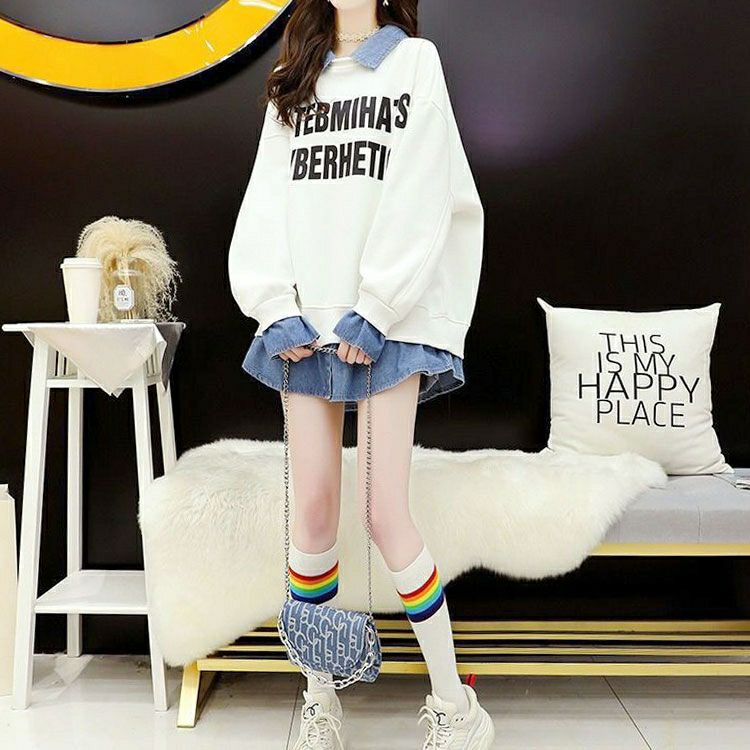 大きいサイズ レディース デニムレイヤード風英字ロゴスウェット　goldy-1766