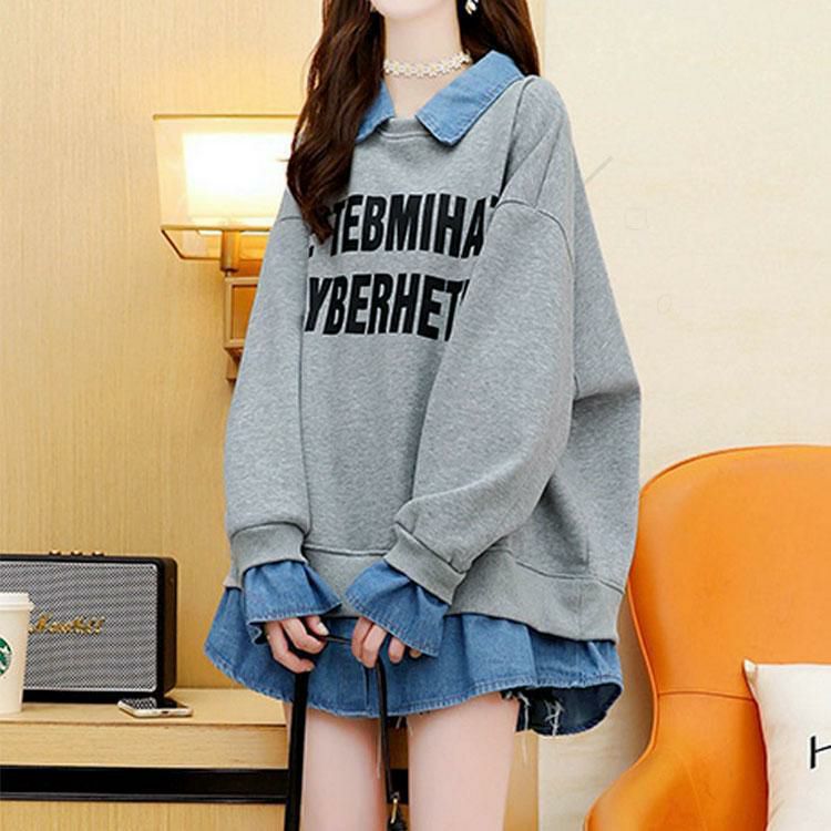 大きいサイズ レディース デニムレイヤード風英字ロゴスウェット　goldy-1766 グレー