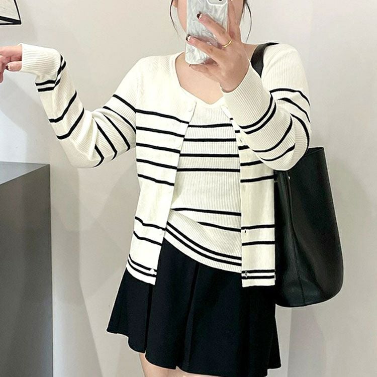 大きいサイズ レディース ボーダーリブニットカーディガン＆キャミセット　goldy-1744【メール便可】