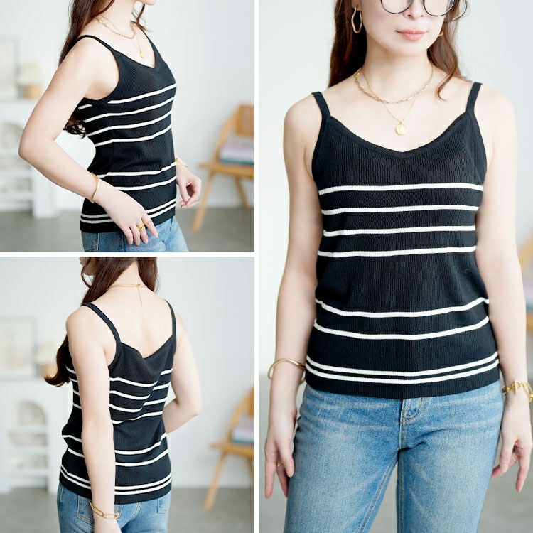 大きいサイズ レディース ボーダーリブニットカーディガン＆キャミセット　goldy-1744【メール便可】