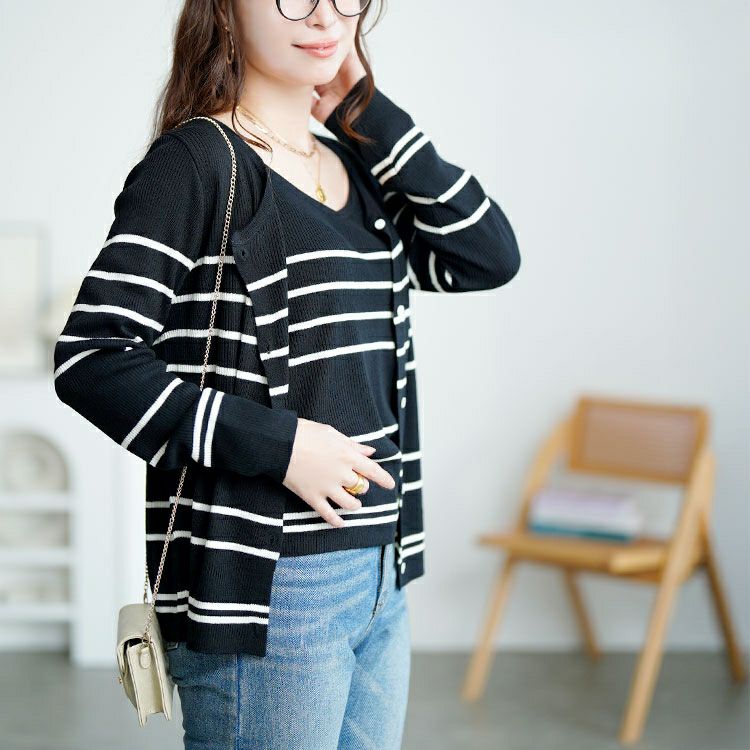 大きいサイズ レディース ボーダーリブニットカーディガン＆キャミセット　goldy-1744【メール便可】