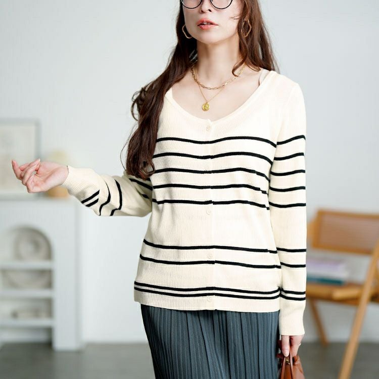 大きいサイズ レディース ボーダーリブニットカーディガン＆キャミセット　goldy-1744【メール便可】