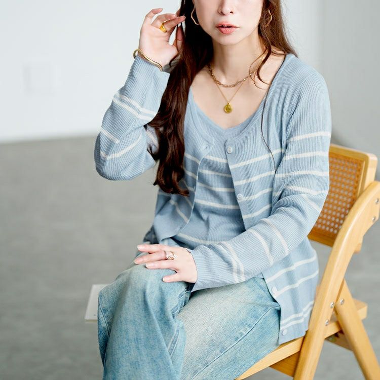 大きいサイズ レディース ボーダーリブニットカーディガン＆キャミセット　goldy-1744【メール便可】