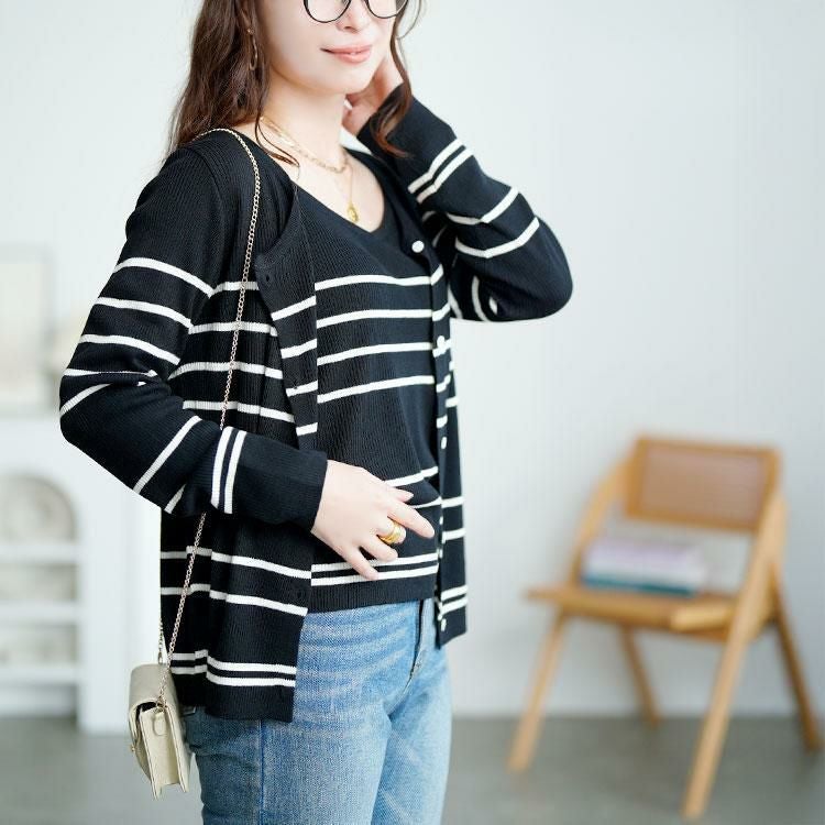 大きいサイズ レディース ボーダーリブニットカーディガン＆キャミセット　goldy-1744【メール便可】 ブラック