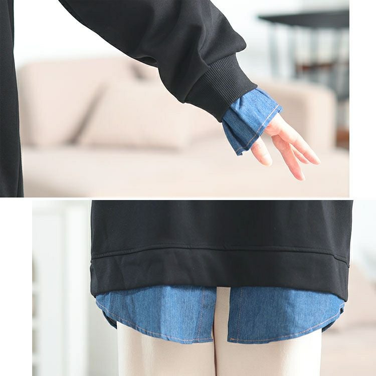 大きいサイズ レディース デニムレイヤード風ビッグスウェット　goldy-1771