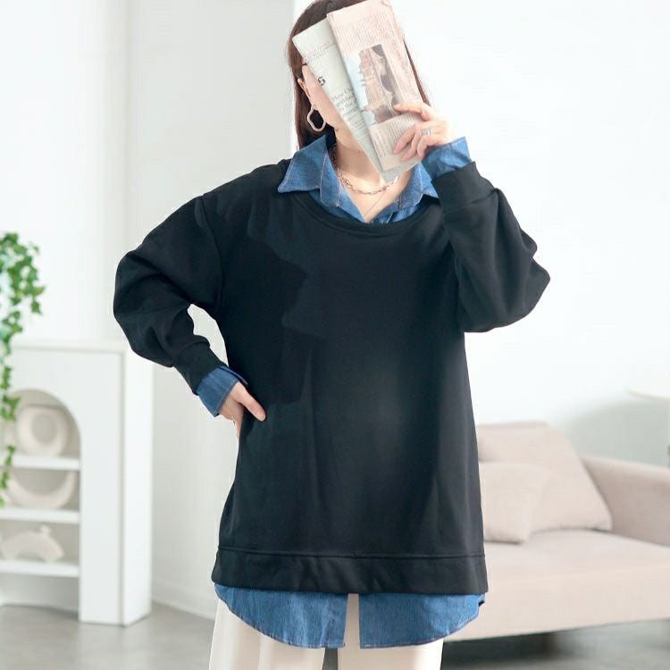 大きいサイズ レディース デニムレイヤード風ビッグスウェット　goldy-1771