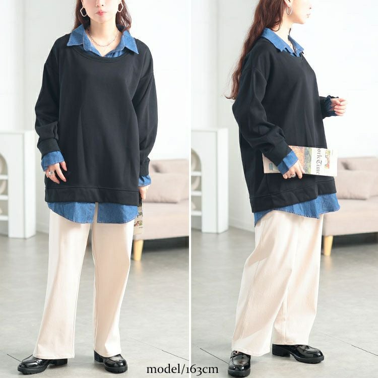 大きいサイズ レディース デニムレイヤード風ビッグスウェット　goldy-1771