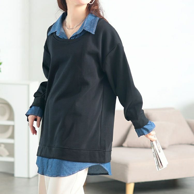 大きいサイズ レディース デニムレイヤード風ビッグスウェット　goldy-1771