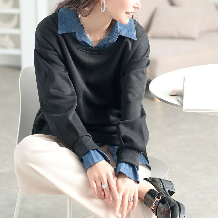 大きいサイズ レディース デニムレイヤード風ビッグスウェット　goldy-1771