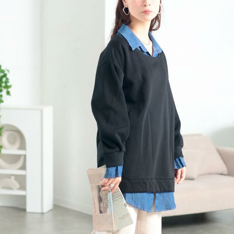 大きいサイズ レディース デニムレイヤード風ビッグスウェット　goldy-1771 ブラック