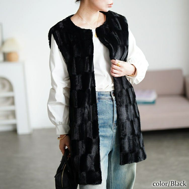 大きいサイズ レディース ボックスステッチファーベスト　tog-1042