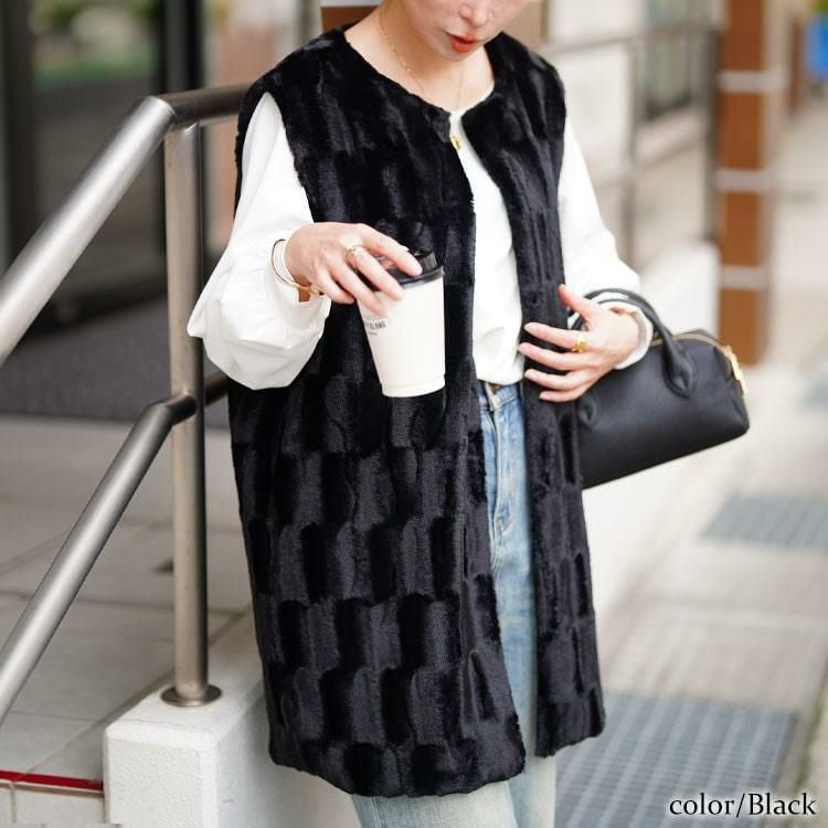 大きいサイズ レディース ボックスステッチファーベスト　tog-1042 ブラック