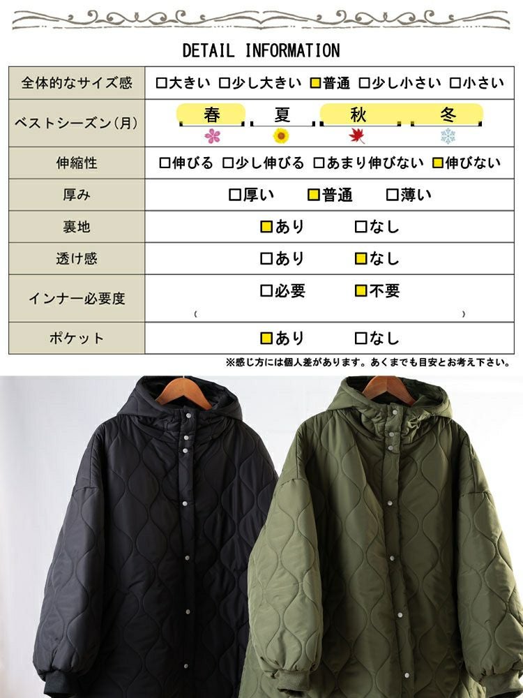 大きいサイズ レディース 中綿キルティングモンスターパーカーコート