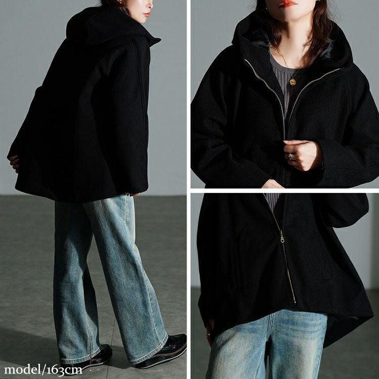 大きいサイズ レディース ハイネックフードZIPジャケット mnfk-858703