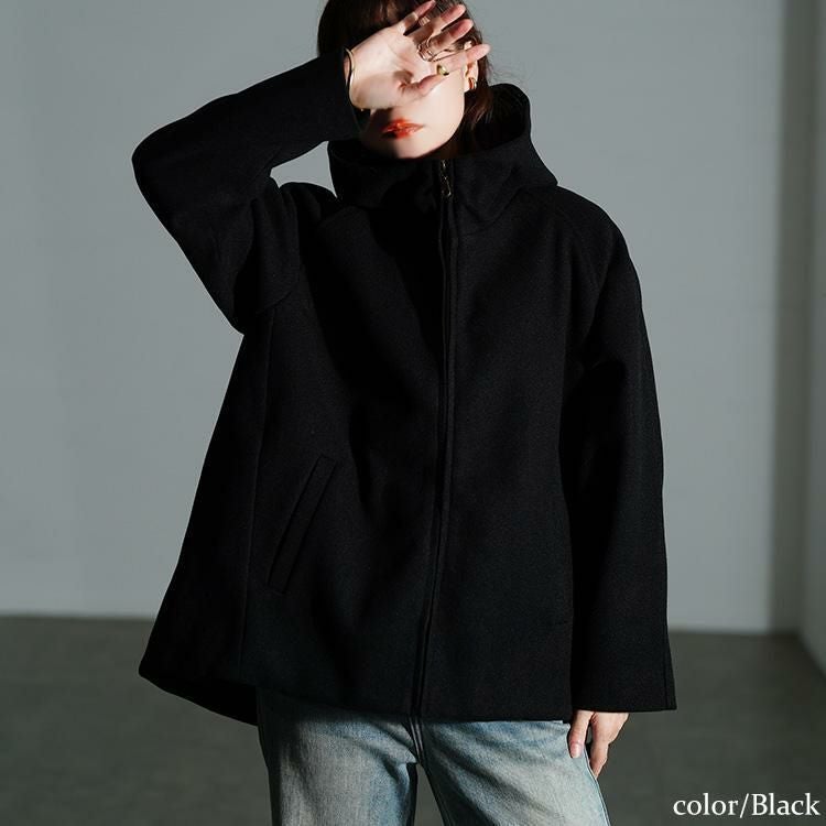 大きいサイズ レディース ハイネックフードZIPジャケット　mnfk-858703 ブラック