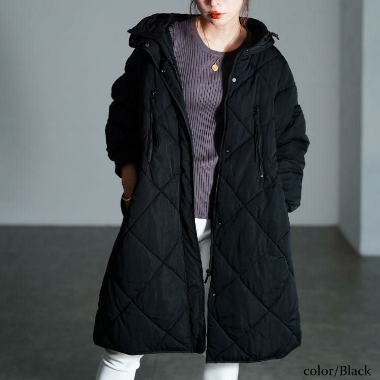 大きいサイズ レディース 撥水＆防風ファイバーダウンダイヤキルトコート　mnfk-552819 ブラック