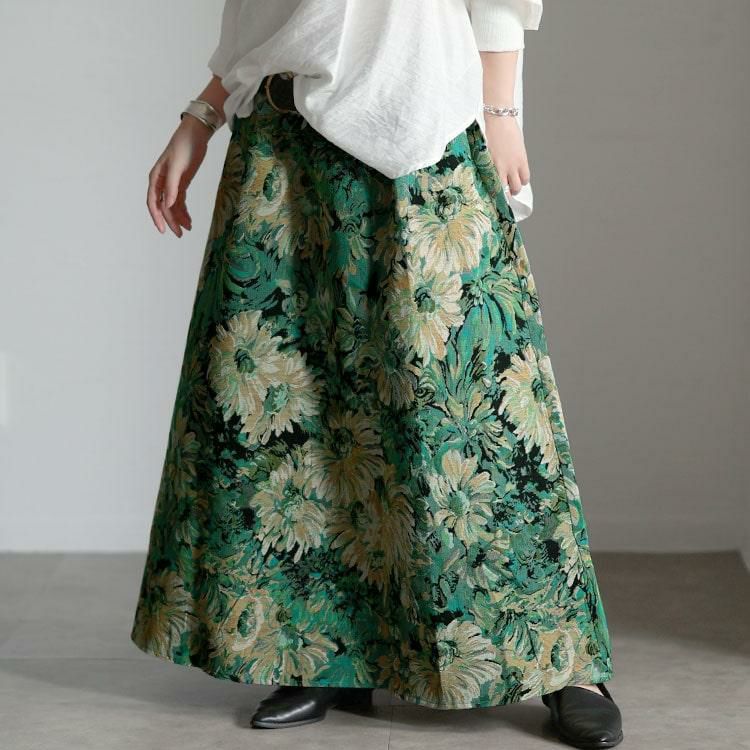 大きいサイズ レディース 花柄ゴブランフレアスカート　sum-0034 グリーン