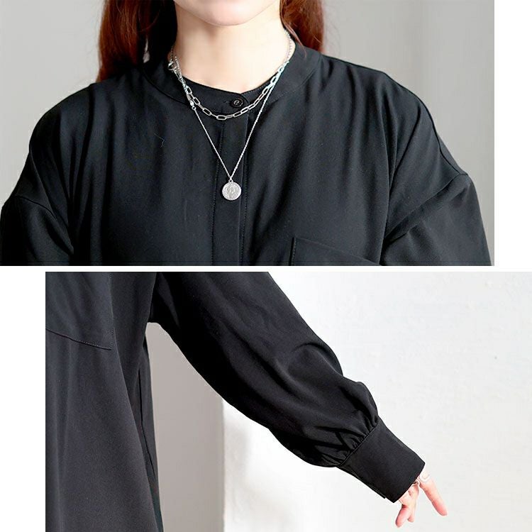 大きいサイズ レディース バンドカラー比翼シャツワンピース　sum-0033