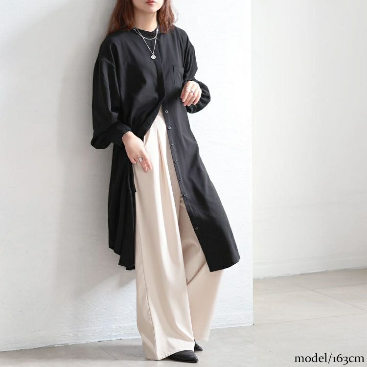 大きいサイズ レディース バンドカラー比翼シャツワンピース　sum-0033