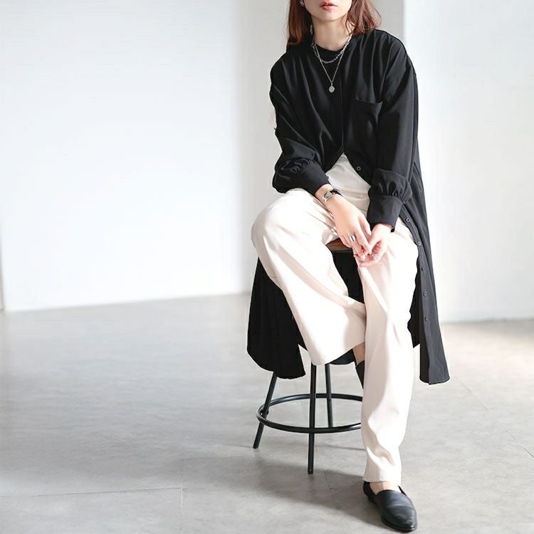 大きいサイズ レディース バンドカラー比翼シャツワンピース　sum-0033