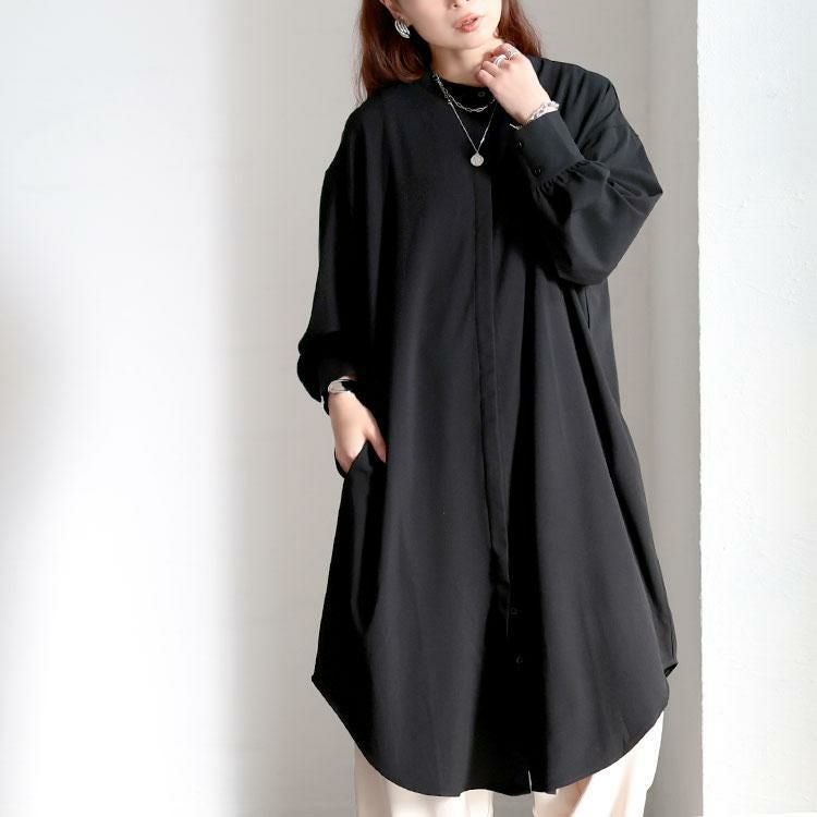 大きいサイズ レディース バンドカラー比翼シャツワンピース　sum-0033 ブラック