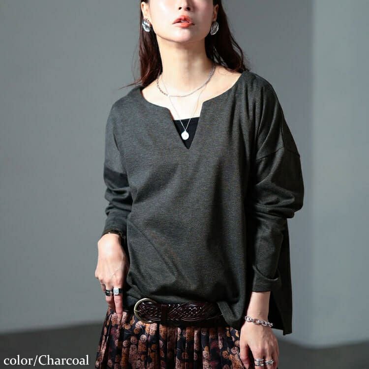 大きいサイズ レディース 深キーネックワイドプルオーバー　sum-0031