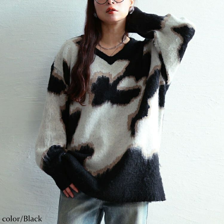 大きいサイズ レディース マーブル柄Vネックモヘアニットチュニック　maru-20021