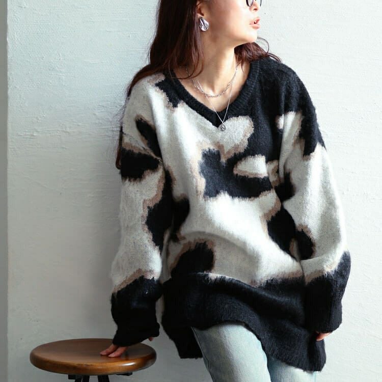 大きいサイズ レディース マーブル柄Vネックモヘアニットチュニック　maru-20021