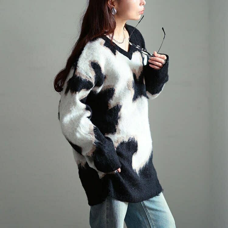 大きいサイズ レディース マーブル柄Vネックモヘアニットチュニック　maru-20021