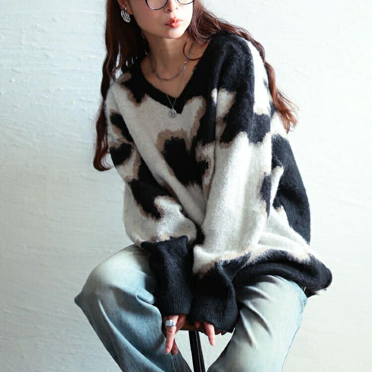 大きいサイズ レディース マーブル柄Vネックモヘアニットチュニック　maru-20021