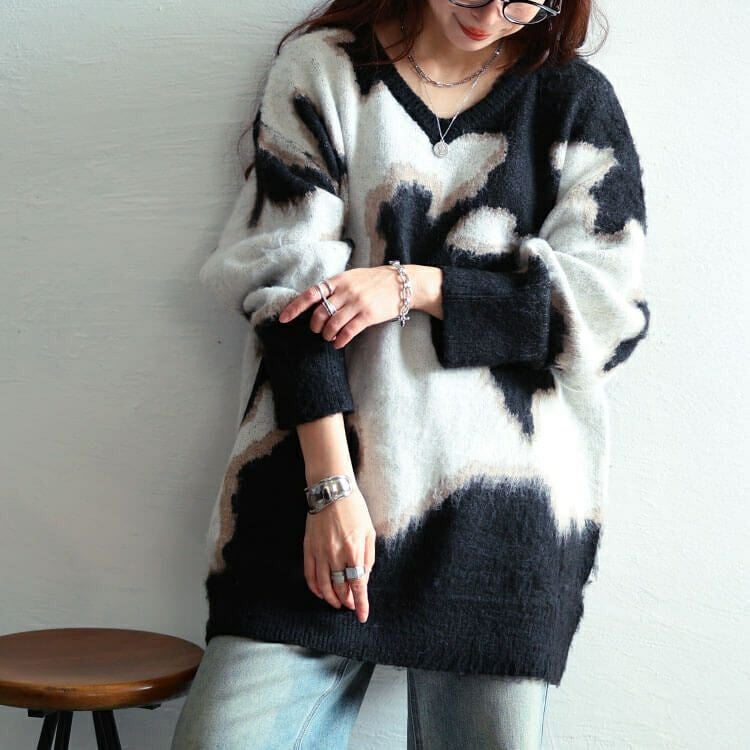 大きいサイズ レディース マーブル柄Vネックモヘアニットチュニック　maru-20021