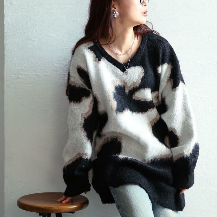 大きいサイズ レディース マーブル柄Vネックモヘアニットチュニック　maru-20021 ブラック