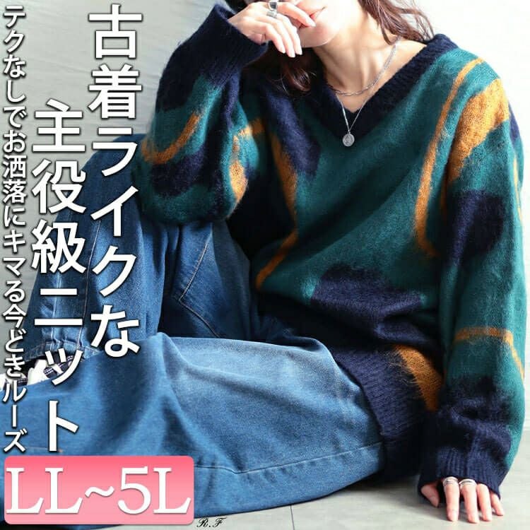 大きいサイズ レディース ウェーブ柄Vネックニットチュニック maru
