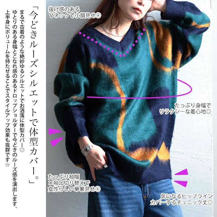 大きいサイズ レディース ウェーブ柄Vネックニットチュニック　maru-20020