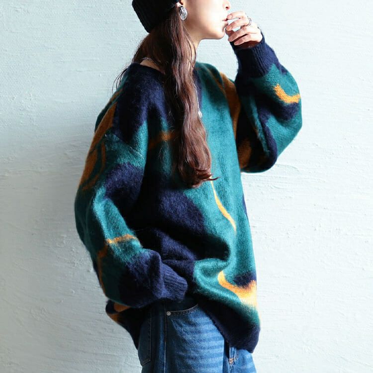 大きいサイズ レディース ウェーブ柄Vネックニットチュニック　maru-20020