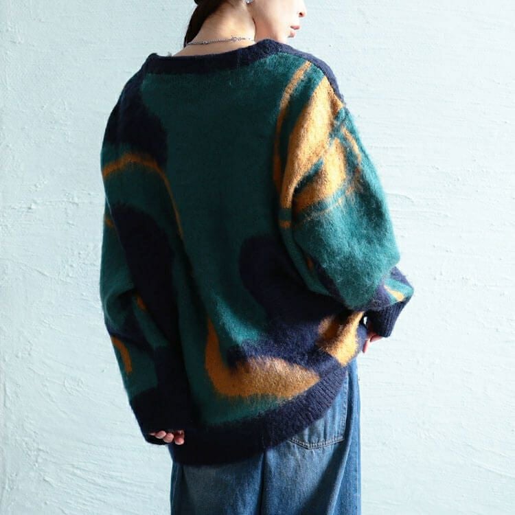 大きいサイズ レディース ウェーブ柄Vネックニットチュニック　maru-20020