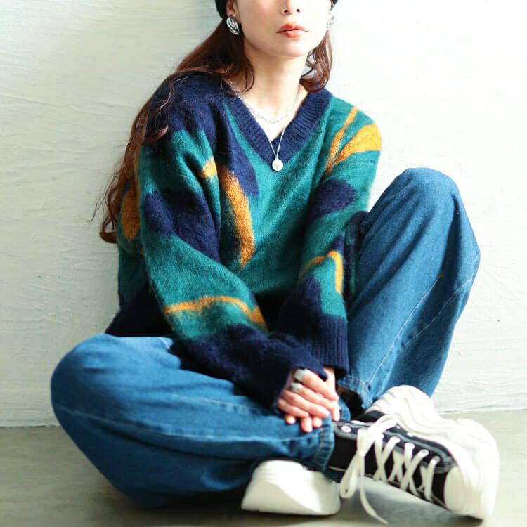 大きいサイズ レディース ウェーブ柄Vネックニットチュニック　maru-20020