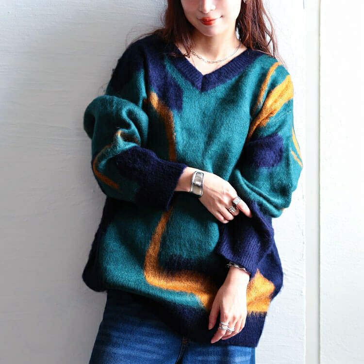 大きいサイズ レディース ウェーブ柄Vネックニットチュニック　maru-20020