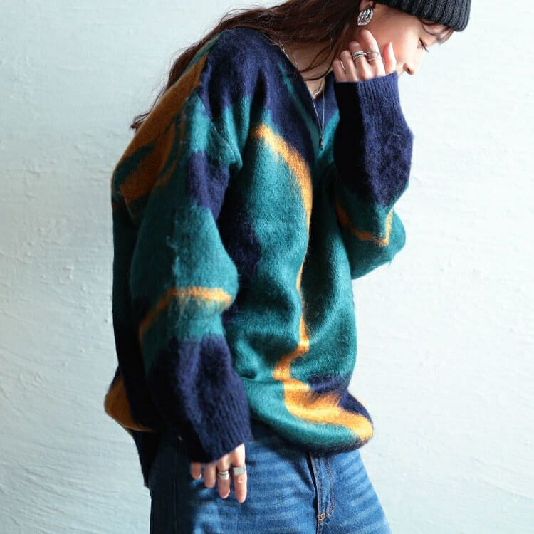 大きいサイズ レディース ウェーブ柄Vネックニットチュニック　maru-20020