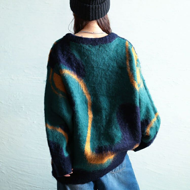 大きいサイズ レディース ウェーブ柄Vネックニットチュニック　maru-20020