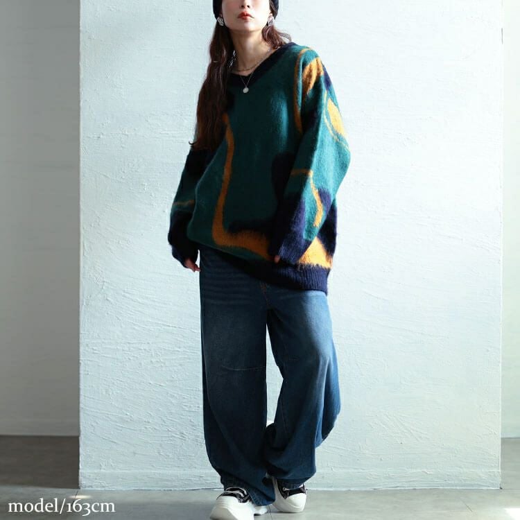 大きいサイズ レディース ウェーブ柄Vネックニットチュニック　maru-20020