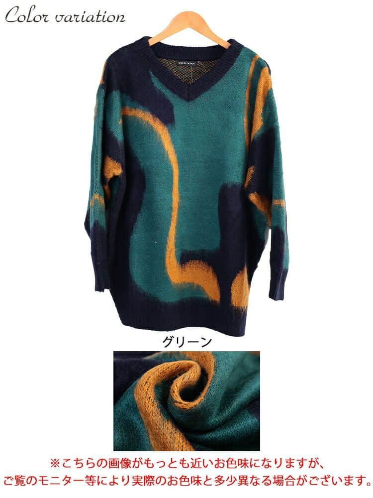 大きいサイズ レディース ウェーブ柄Vネックニットチュニック　maru-20020