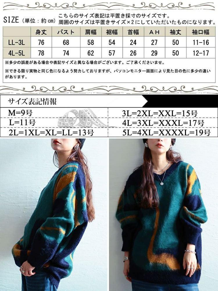 大きいサイズ レディース ウェーブ柄Vネックニットチュニック　maru-20020