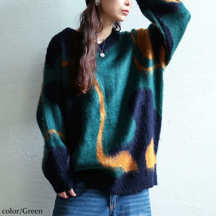 大きいサイズ レディース ウェーブ柄Vネックニットチュニック　maru-20020 グリーン