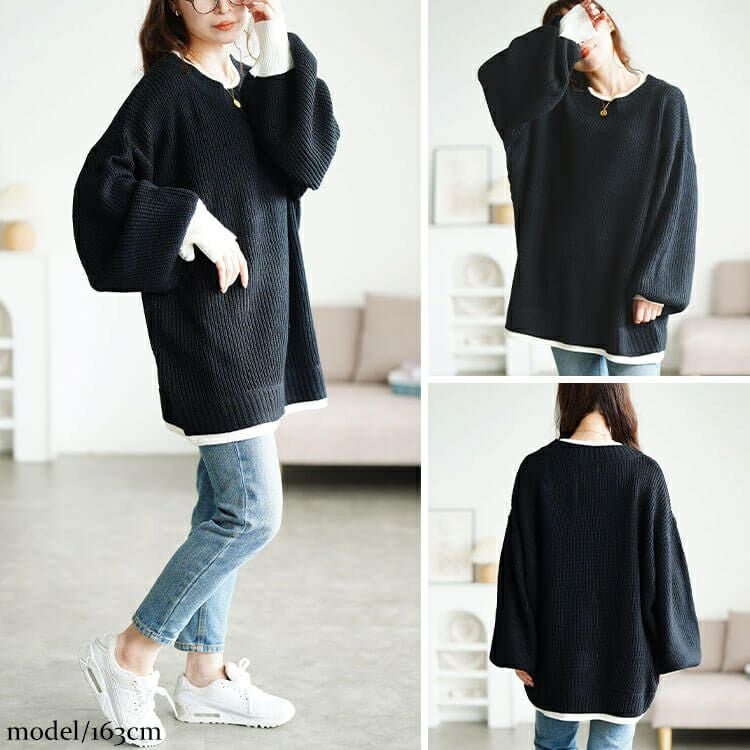 大きいサイズ レディース 配色切り替え畦編みニットチュニック　maru-20019