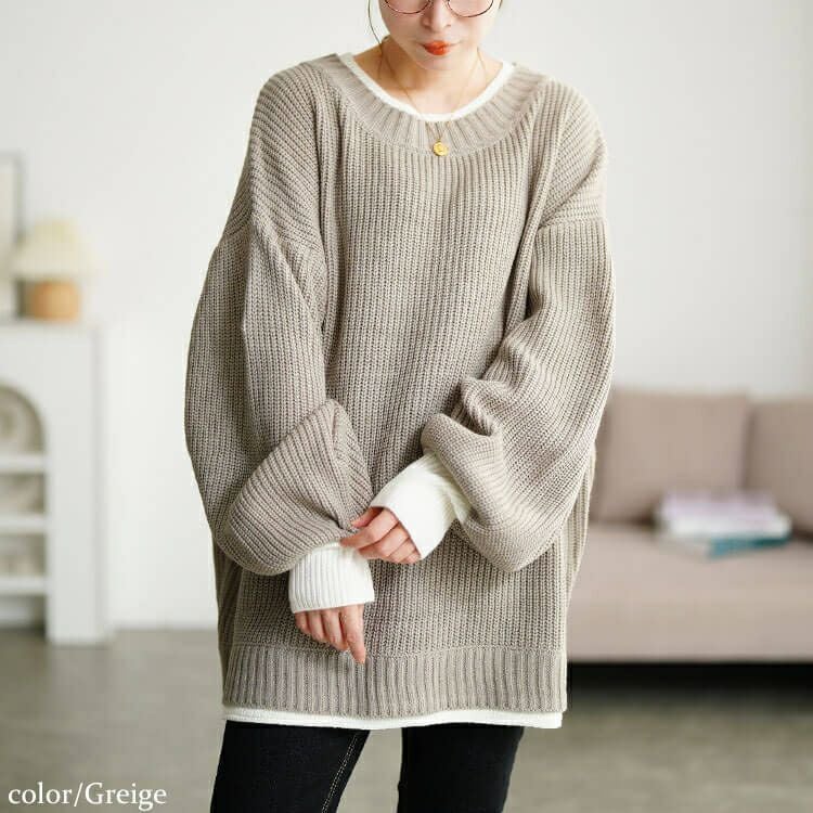 大きいサイズ レディース 配色切り替え畦編みニットチュニック　maru-20019