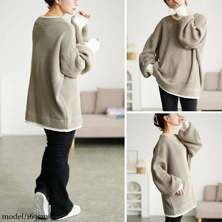 大きいサイズ レディース 配色切り替え畦編みニットチュニック　maru-20019