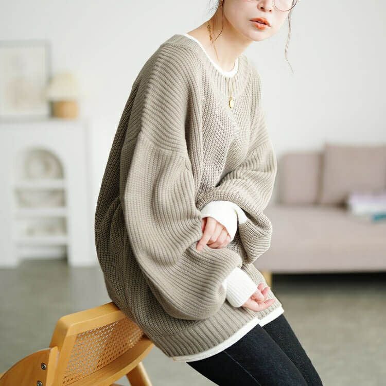 大きいサイズ レディース 配色切り替え畦編みニットチュニック　maru-20019